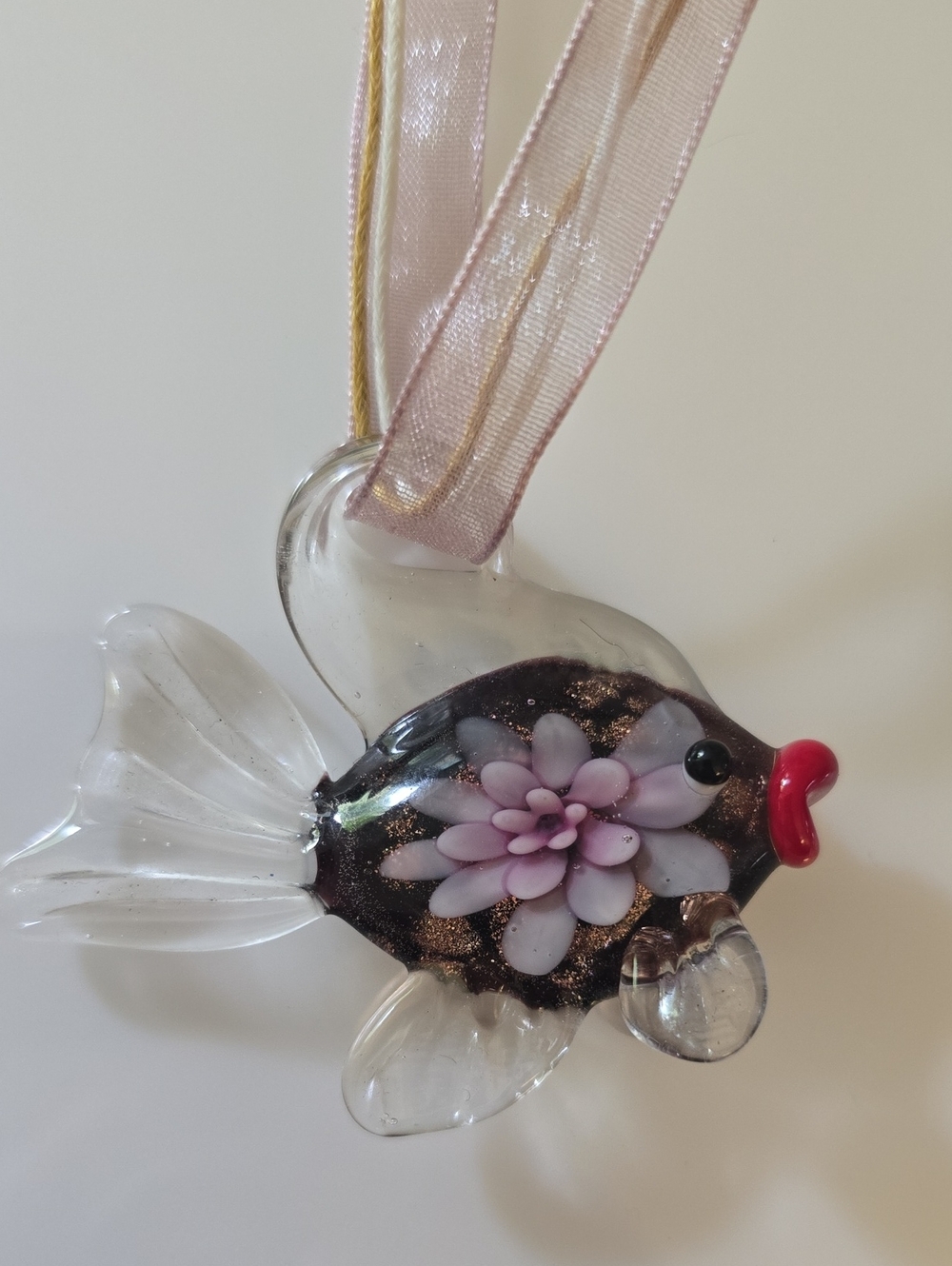 Handblown Glass Purple Flower Gold Accent Fish Ornament - Pets Fish Décor